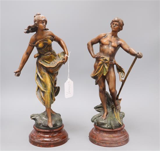 A pair of Art Nouveau painted spelter figures H.37cm